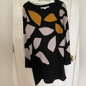 Diane von Furstenberg Wool Black shift Dress Pattern leaves gold and silver sz M